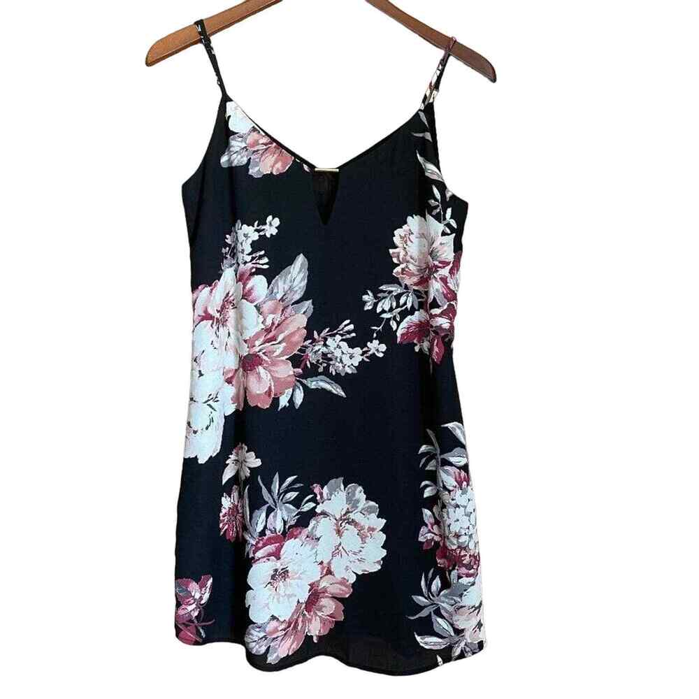 Socialite Mini Slip Dress Tunic Top Black Floral Spaghetti Straps Keyhole Neck